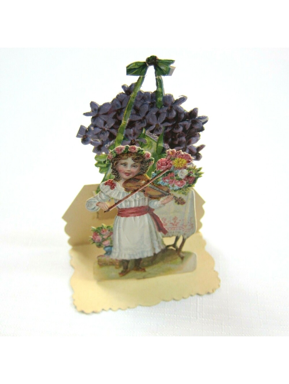 Vintage Valentine Pop Up 3D Die Cut Girl Plays Violin Pull Down Germany 1920-30s